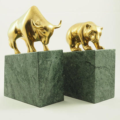 Bear & Bull Brass and Stone Bookends /g