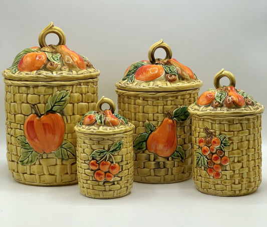 Vintage 1960’s Lefton Fruit & Basket Weave 4pc Canister Set 5254 /b