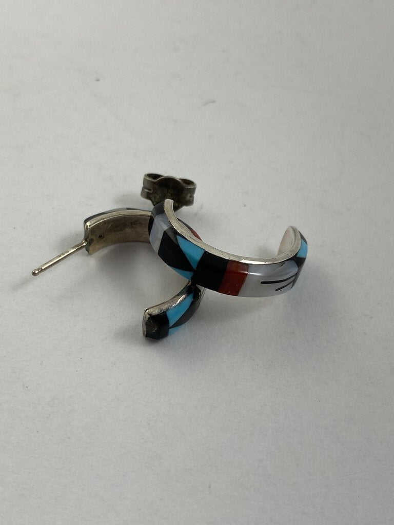 Vintage Sterling Silver 1” Half Hoop Earrings Inlaid W/Turquoise, Black Onxy, Coral, MOP /r