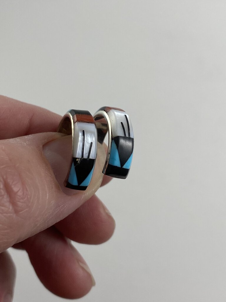 Vintage Sterling Silver 1” Half Hoop Earrings Inlaid W/Turquoise, Black Onxy, Coral, MOP /r