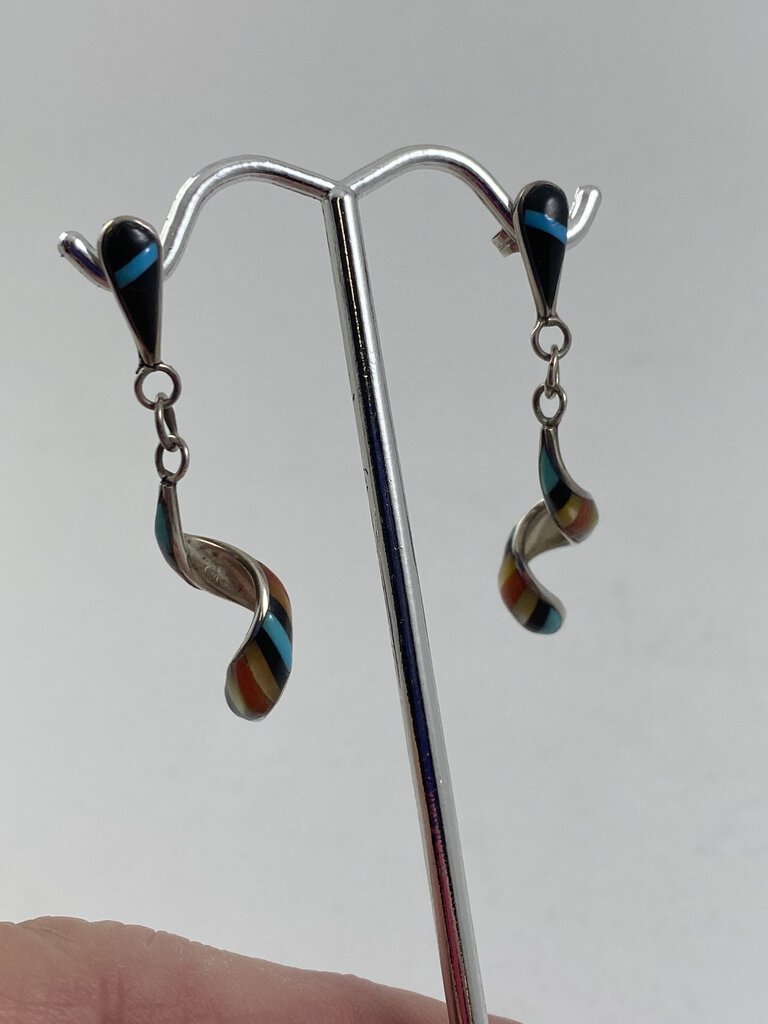 Zuni Sterling Silver Dangle Spiral Earring Inlaid Turquoise Black Onxy Coral MOP Signed /r