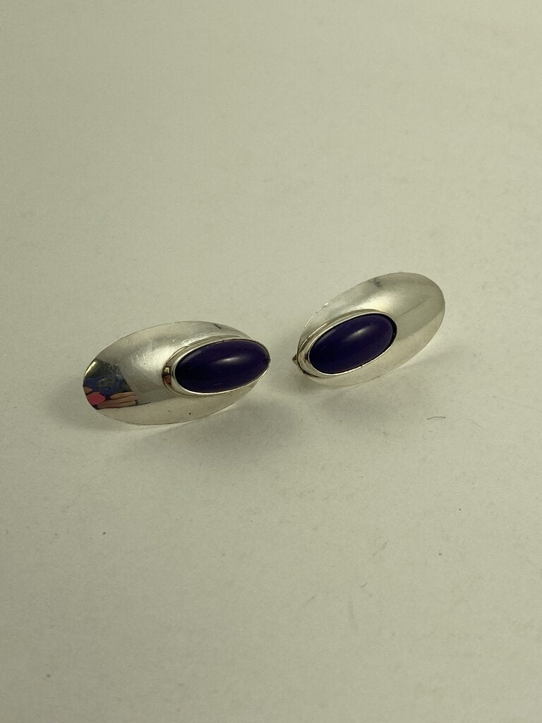 Cabochon Purple Spiny Oyster Pierced Sterling Silver Earrings 1” Shiny! /r