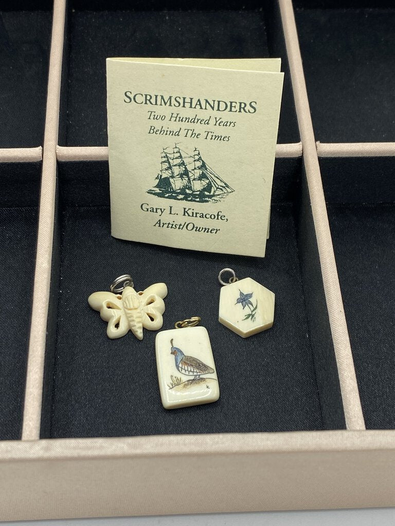 Vintage Petite Scrimshaw Pendants, lot of 3, Butterfly, Quail, Flower /r