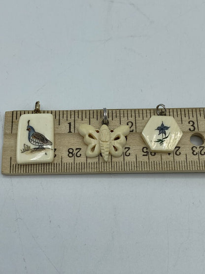 Vintage Petite Scrimshaw Pendants, lot of 3, Butterfly, Quail, Flower /r