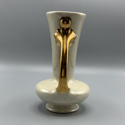 Vintage White Opalescent Vase with Gold Handles /hg