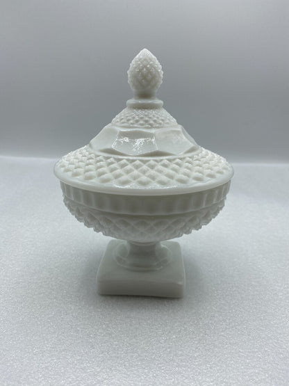 Vintage Westmoreland White Milk Glass Diamond Point Footed Candy Dish /r