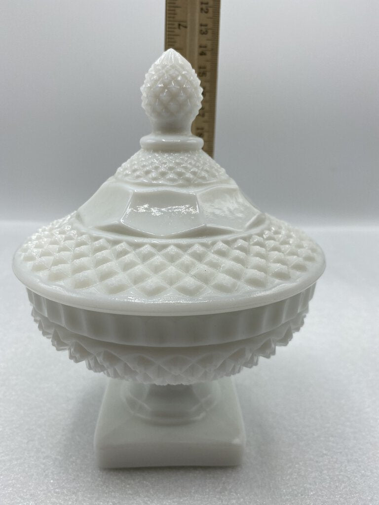 Vintage Westmoreland White Milk Glass Diamond Point Footed Candy Dish /r