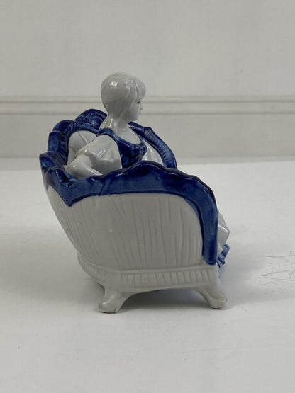Victorian Lady on a Settee Porcelain Blue & White Figurine 7”x5”x6” /r