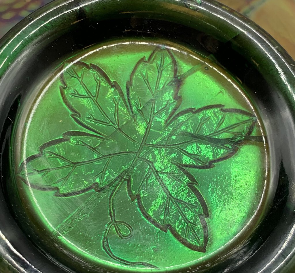 Vintage Fenton Carnival Glass Ruffled Edge Bowl, Emerald Base, Grape Pattern /hg