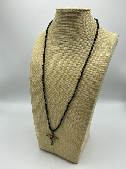 Black Bead Necklace with Silver Toned Cross and Small Silver Beads Necklace 14” /r