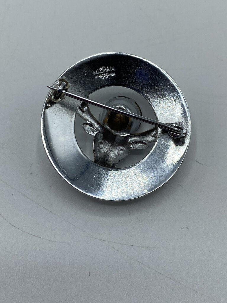 Mizpah Vintage Stag Silver Toned Brooch/Pin with Amethyst Rhinestone /r