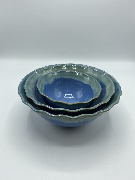 Handmade Pottery from Canada Set of 3 Nesting Bowls Blue/Green Gorgeous Glaze /r