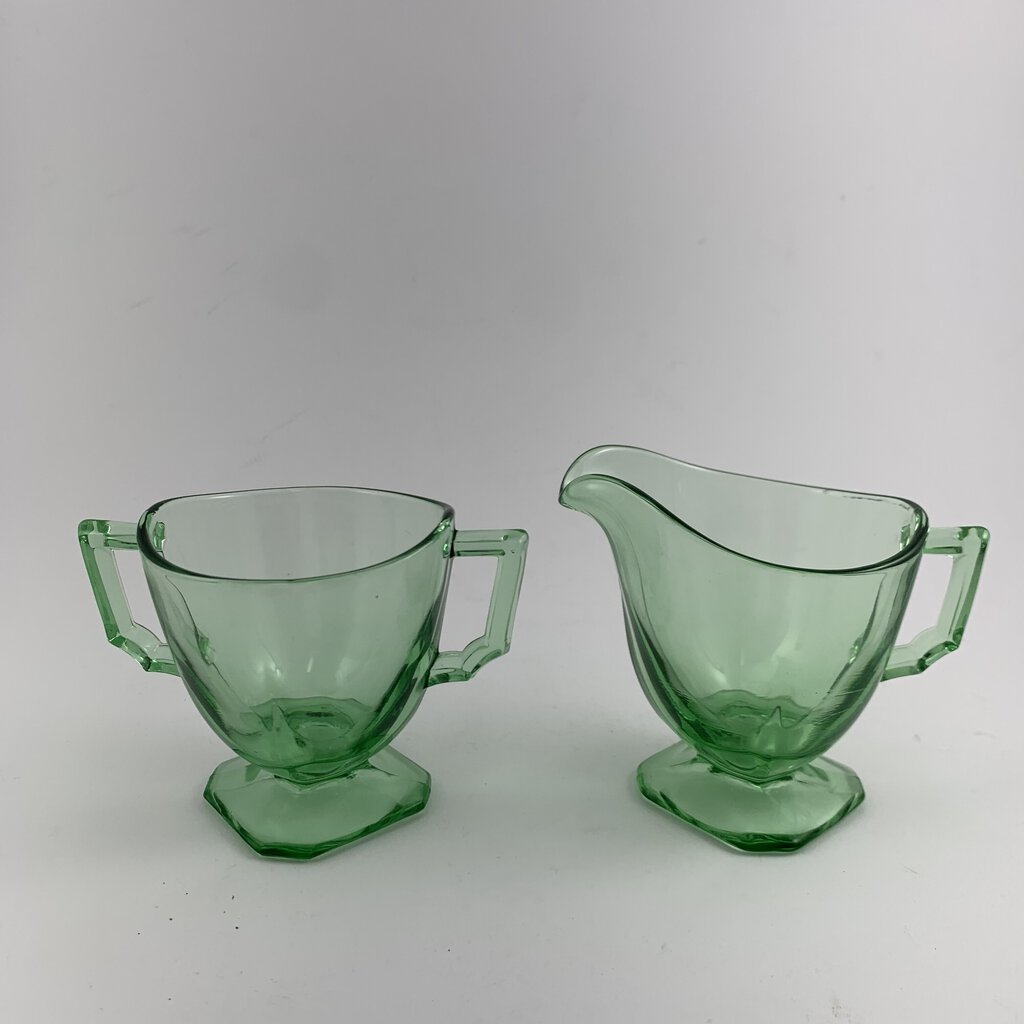 Vintage Fostoria “Mayfair” Mini Open Sugar Bowl and Creamer, Uranium Glass /hg
