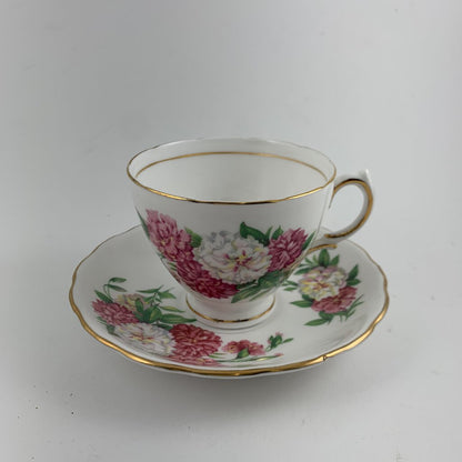 Vintage Royal Vale Pink and White Carnation English Bone China Teacup and Saucer /hg