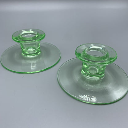Vintage Green Depression Glass Candlesticks, Uranium Glass Set/2 /hg