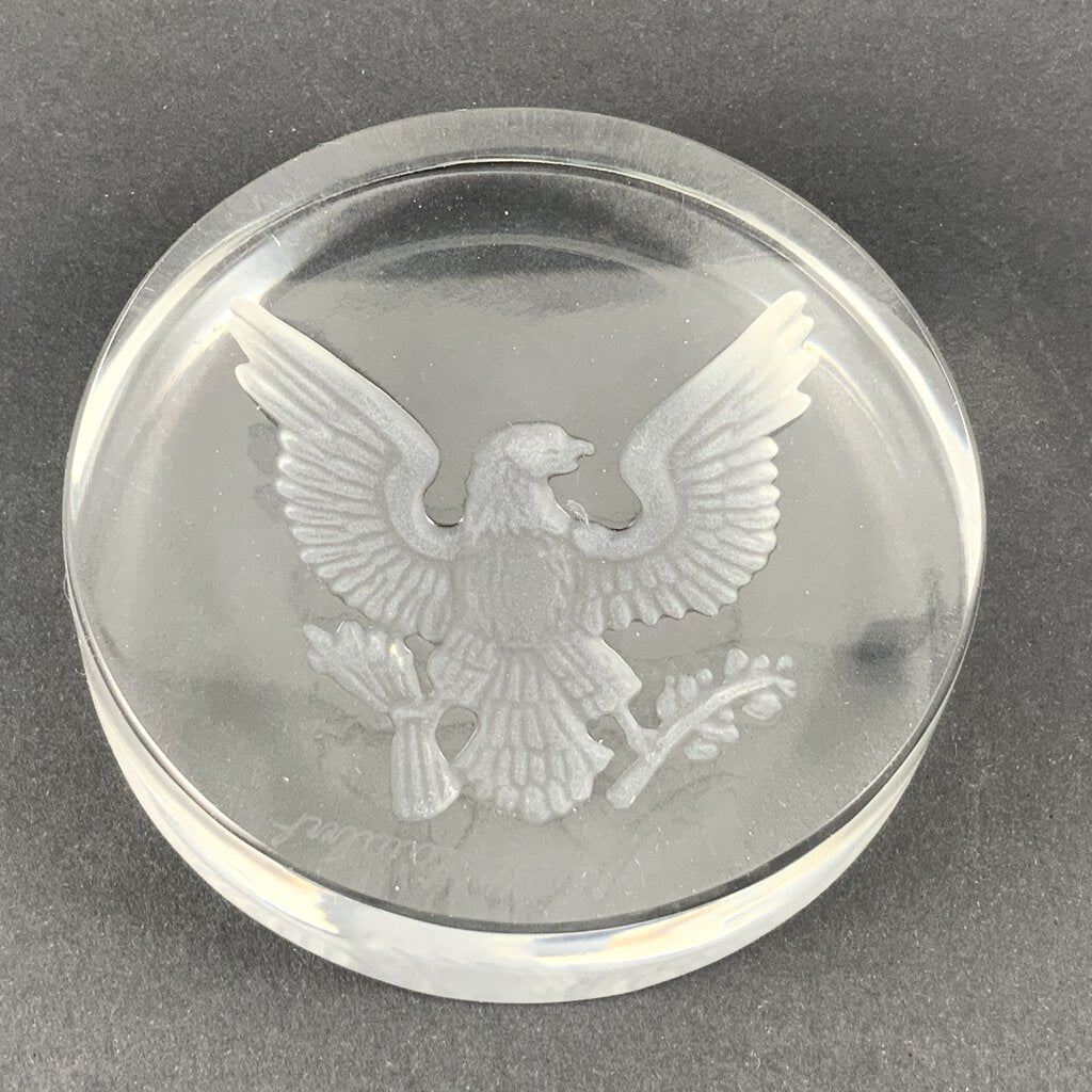 MCM Val St. Lambert Intaglio Cut Round Glass Eagle Paperweight Made In Belgium /cb