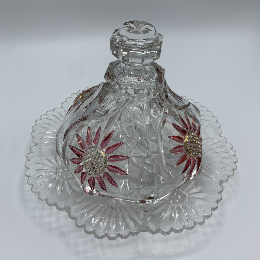 Antique US Glass Intaglio Sunflower Domed Butter Dish, EAPG /hg