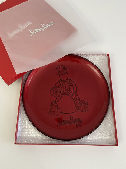 Neiman Marcus 13.5” Red Glass Snowman 2015 Serving Platter NIB /rb