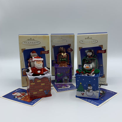 Hallmark Keepsake Ornament Trio, 2003 Pop! Goes the Snowman, 2004 Pop! Goes the Santa, 2005 Pop! Goes the Reindeer /hg