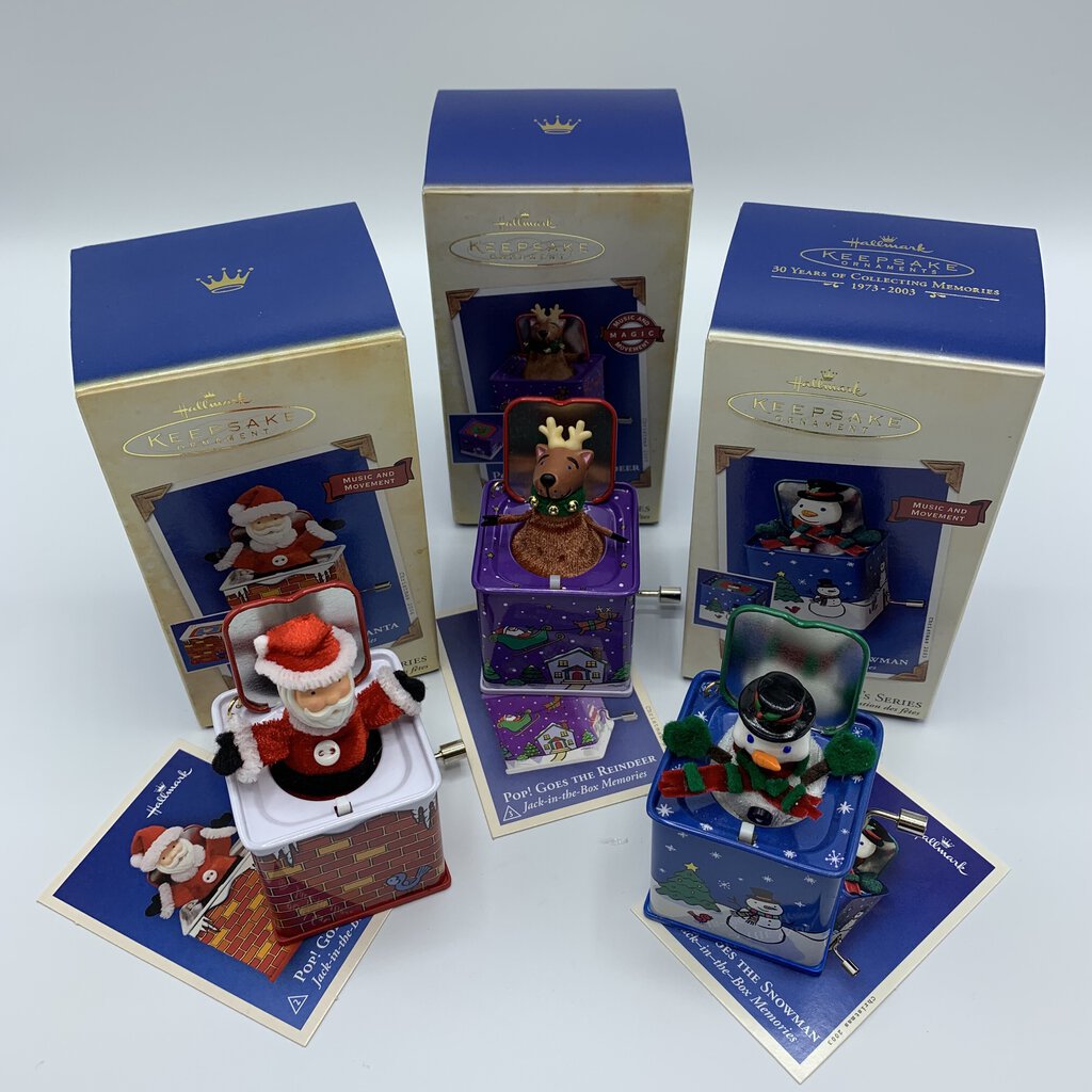 Hallmark Keepsake Ornament Trio, 2003 Pop! Goes the Snowman, 2004 Pop! Goes the Santa, 2005 Pop! Goes the Reindeer /hg