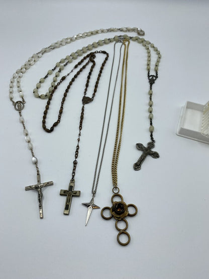 Vintage set of 3 Rosaries, 2 Cross Pendant Necklaces Unique! /ro