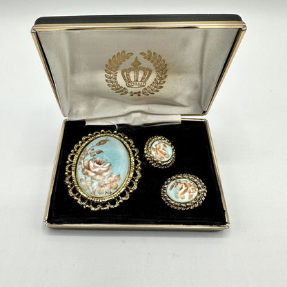 Vintage WMCA Painted Porcelain Brooch and Clip On Earring Set /cb