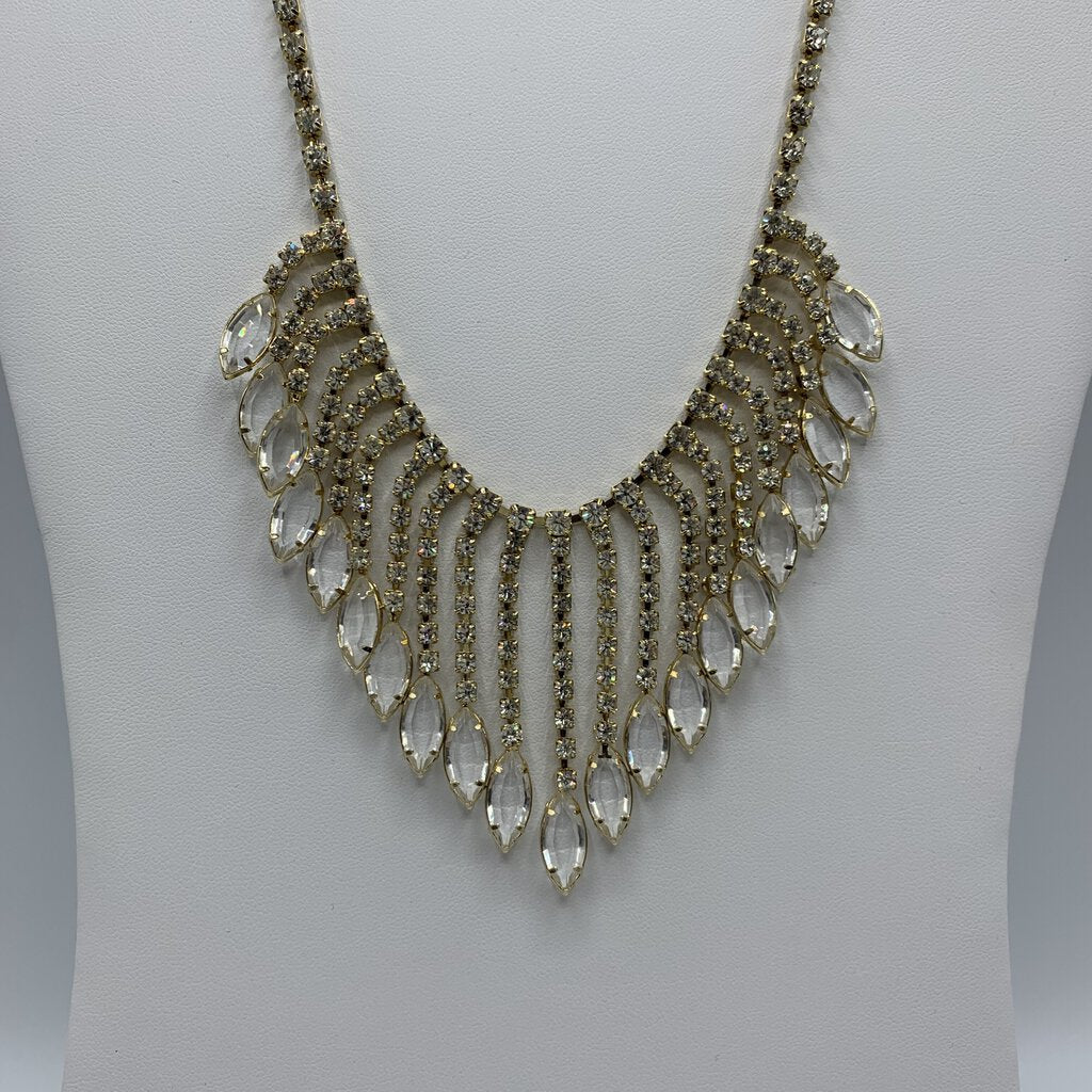 Vintage Clear Rhinestone Necklace and Clip-on Earring Set /hg