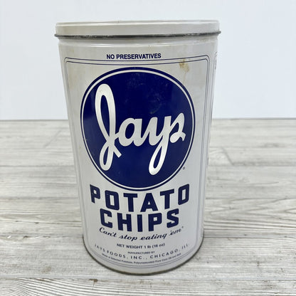 Vintage Limited Edition Jay’s Potato Chips Tin White Blue 1 LB Canister 1986 /cb