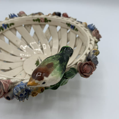 Vintage Capodimonte Ceramic Basket with Bird and Flowers /hg