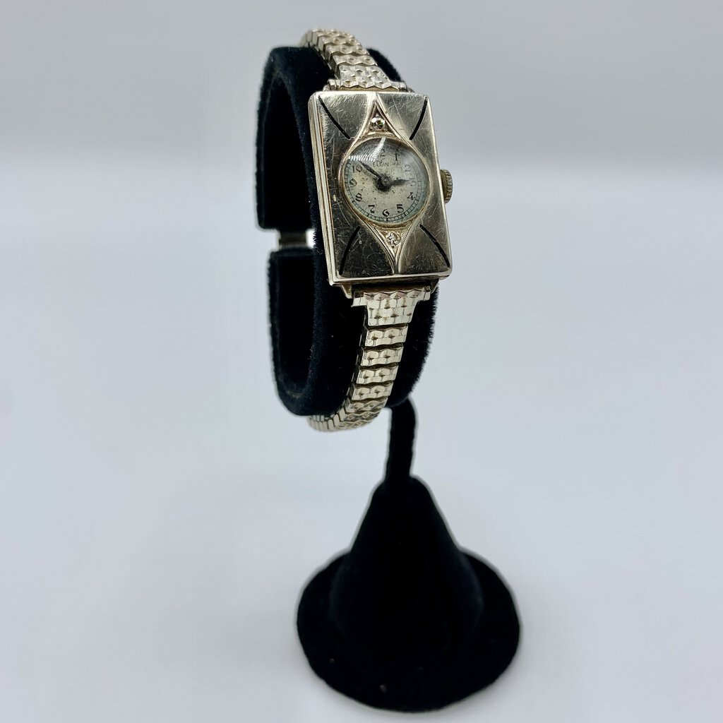 Antique Elgin Art Deco-Era 14K White Gold and Diamond Watch /hg