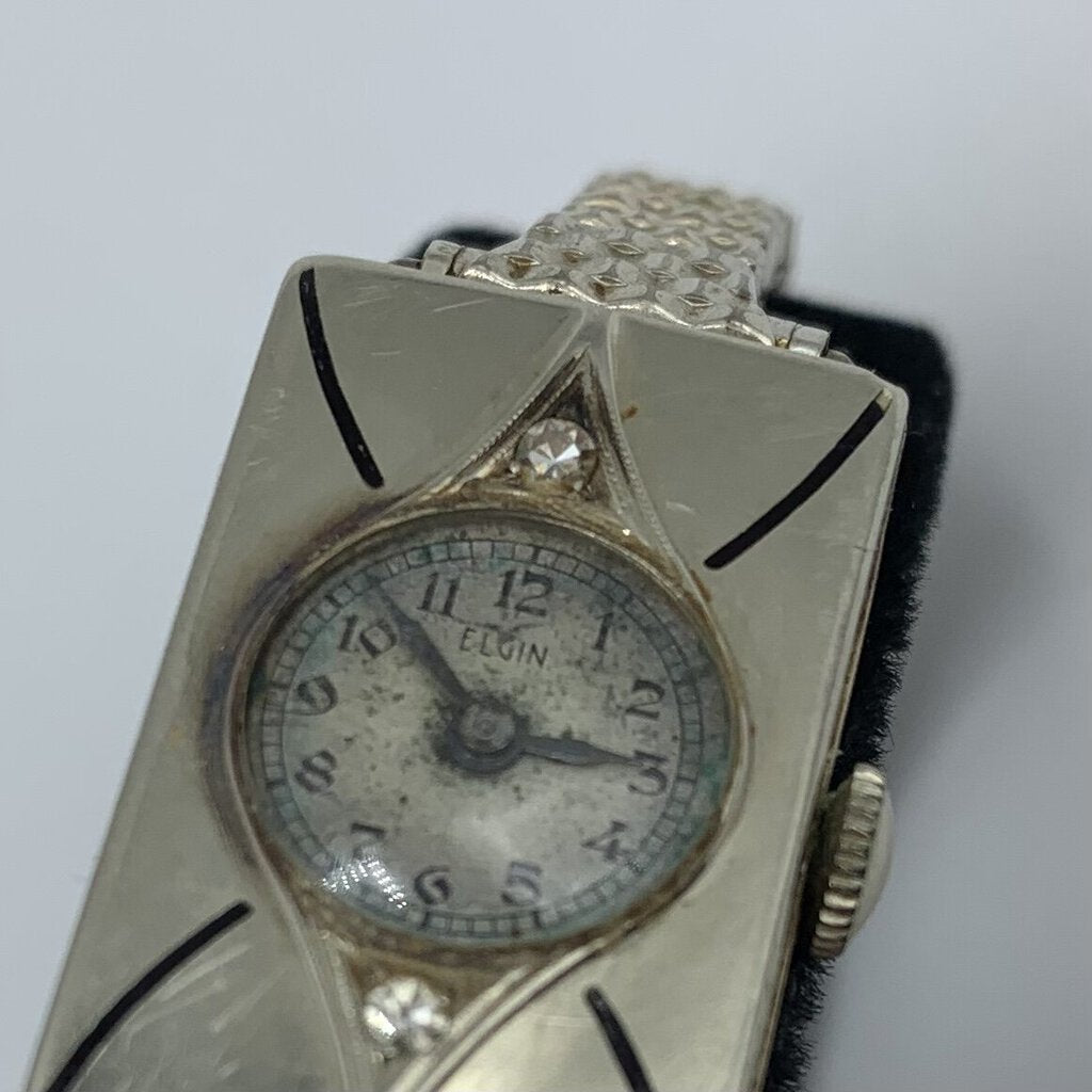 Antique Elgin Art Deco-Era 14K White Gold and Diamond Watch /hg