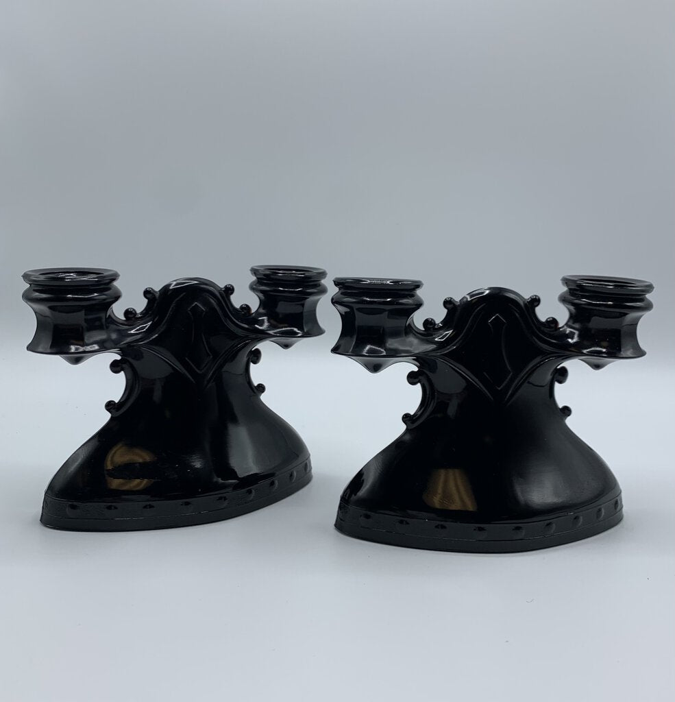 Vintage LE Smith “Mt. Pleasant” Black Amethyst Double Candlesticks Set/2 /hg