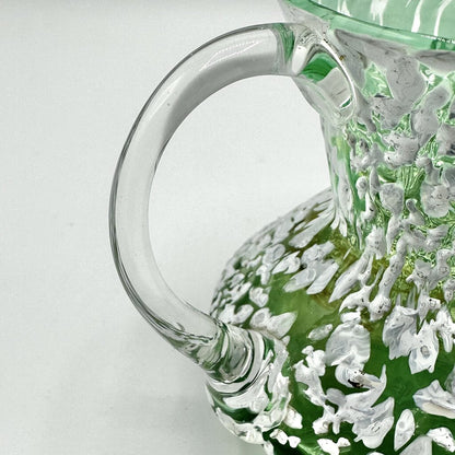 Vintage Hand Blown Art Glass Bud Vase/Small Pitcher Green With White Splatter /cb