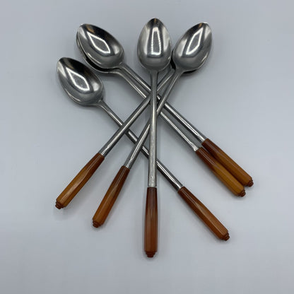 Vintage Valley Forge Two-Toned Butterscotch Bakelite and Stainless Ice Tea/Soda Spoons Set of 6 /hg