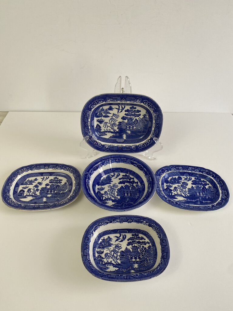 Antique Blue Willow set of 5 Serving Pieces 3 - Wedgwood 2-Allertons All made in England /rb