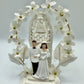 1955 Chalkware Wedding Cake Topper Bride And Groom Fabric Flower Arch Bell /cb