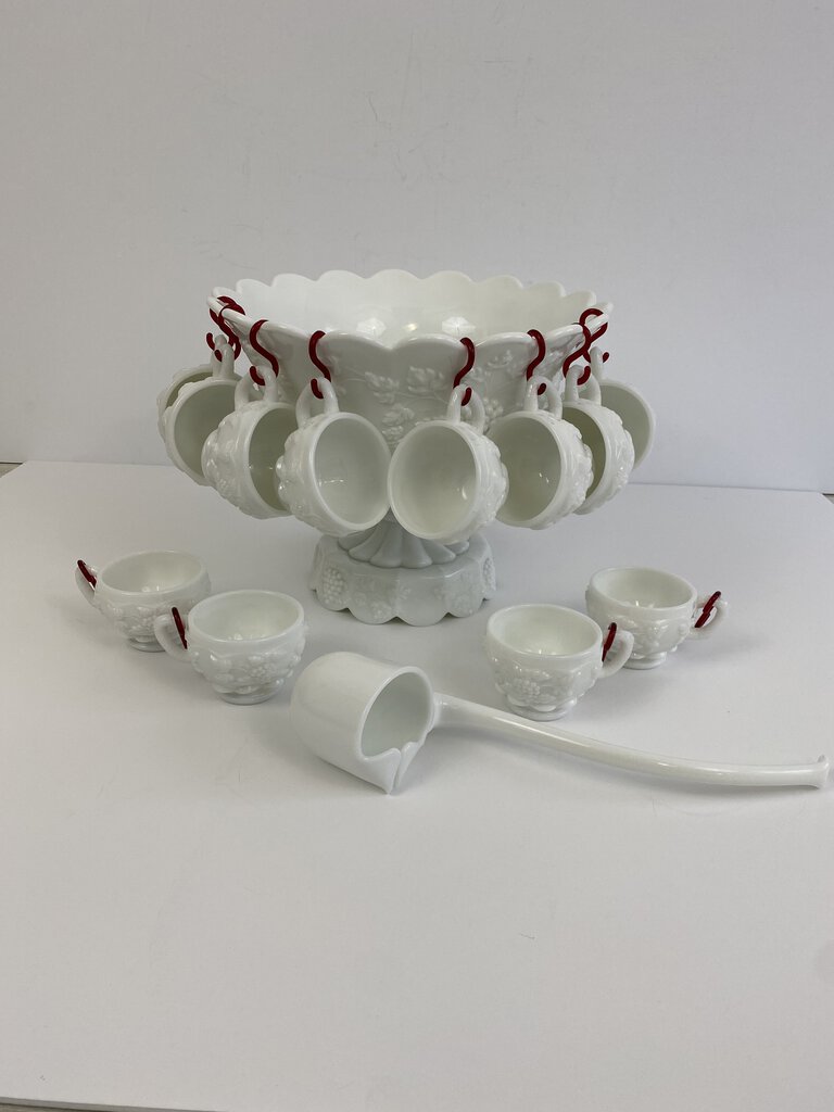 Rare Westmoreland Panel Grape White Milk Glass Pedestal Punch Bowl Set Ladle Cups Hangers /rb
