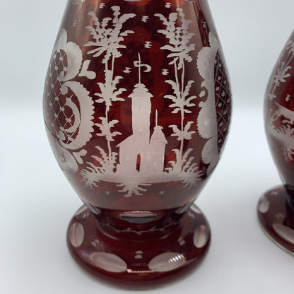 Pair of Antique Egermann Ruby Red Bohemian Glass Decanters /hg