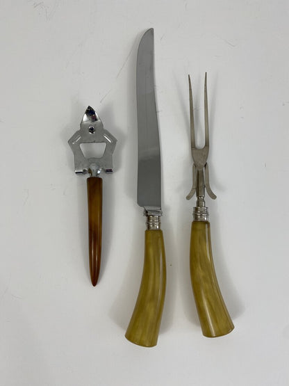 Latham & Owen Sheffield England Carving Knife & Fork + Bottle Opener Bakelite Handles /rw