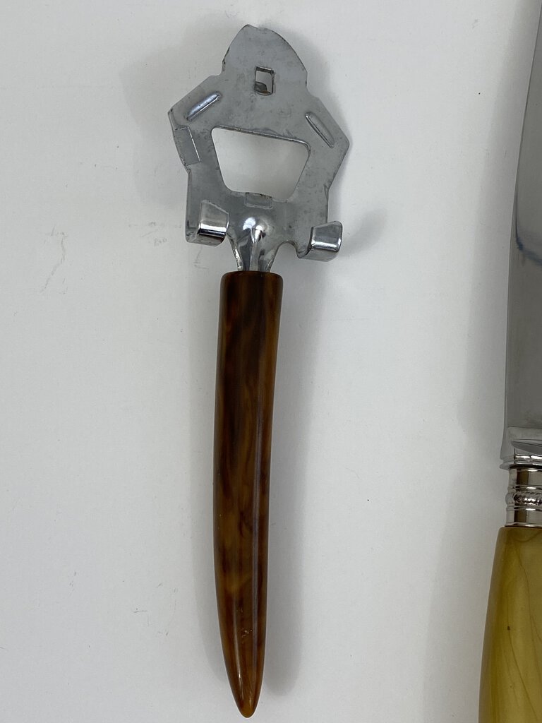 Latham & Owen Sheffield England Carving Knife & Fork + Bottle Opener Bakelite Handles /rw