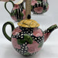 Droll Designs 3 piece Tea Set Black/White Pink Flowers Charming! /rb