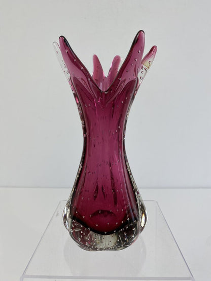 Murano Bullicante Blown Glass Clear Controlled Bubble over Cranberry 8” Vase /ro