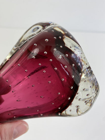 Murano Bullicante Blown Glass Clear Controlled Bubble over Cranberry 8” Vase /ro
