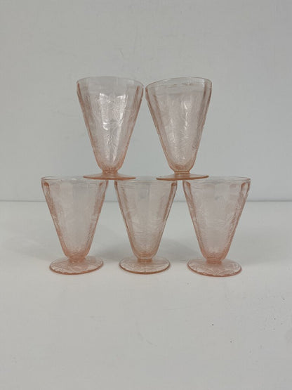 Jeannette Pink Poinsettia Depression Glass Footed Set of 5 /rc.