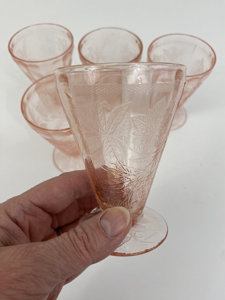 Jeannette Pink Poinsettia Depression Glass Footed Set of 5 /rc.