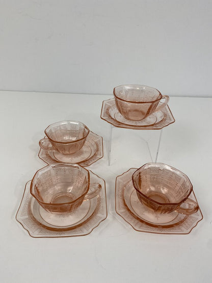 Vintage Anchor Hocking Princess Pink Depression Glass Set of 4 Cups and Saucers /ro