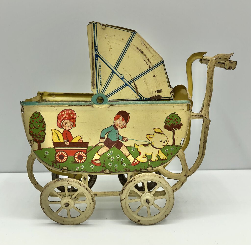 Antique Ges Gesch Tin Lithograph Toy Baby Pram/ Stroller /b