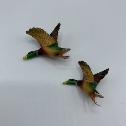 Mid-Century Hand Carved Wood Mallard Duck Brooches Set of 2 /hg