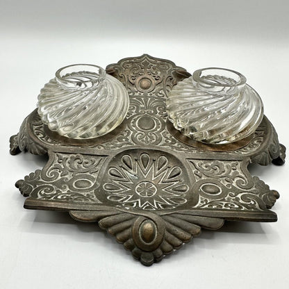 Antique Double Inkwell And Pen Holder Set Glass Wells Cast Metal Holder /cb