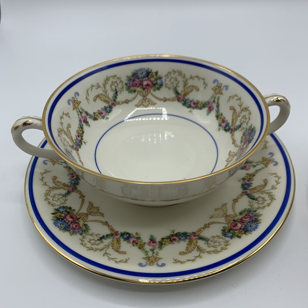 Antique Haas & Czjzek “La Boheme Blue” Double-Handled Cream Soup Bowls with Saucers Set of 2 /hg